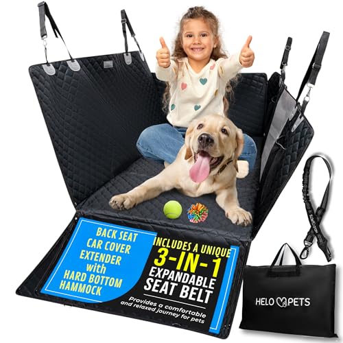 HELO PETS Rücksitzbezug Extender mit harten Böden für Hunde 3-in-1 elastischer Sicherheitsgurt Passt auf Auto, SUV, LKW, stabile Hängematte, wasserdicht und kratzfest, mit Netzwand und Taschen. von HELO PETS