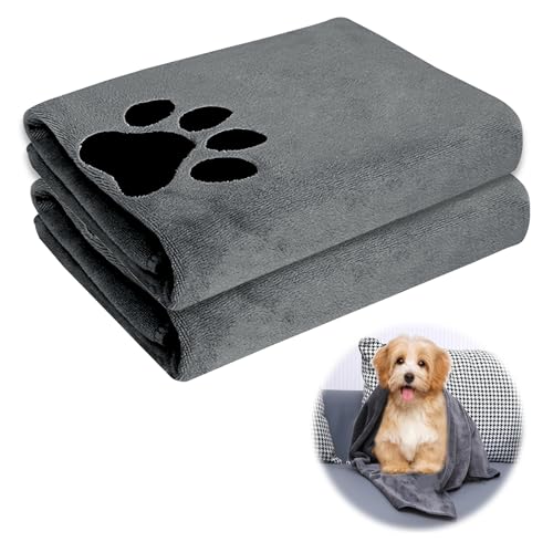 HENGBIRD 2 Stück Hundehandtuch Extra Saugfähig, Hundehandtücher Hundezubehör Hund Halstuch Mikrofaser Handtücher Schnelltrocknend Handtuch für Katzen, Hunde Oder Andere Haustiere 75 X 35 cm Grau von HENGBIRD