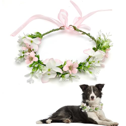 HENGBIRD Blumenkranz Kopfschmuck, Fliege für Hunde, Hunde Fliege Hochzeit Blumenkranz Kopfschmuck Haarkranz Blumen, Haarreif Blumen für Kopfschmuck Hochzeit, Hund Hochzeit, Foto Requisiten (Rosa) von HENGBIRD