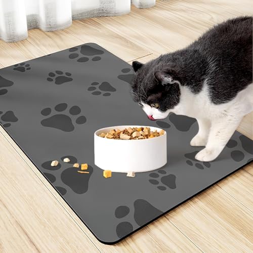 HENGBIRD Futtermatte Katzen Napfunterlage Hund, 30 X 50 cm Silikonmatte Futternapf Unterlage Katze, Saugfähige Schnelltrocknend Futterunterlage Hund, Rutschfest Napfunterlage Katzen Matte Katzenfutter von HENGBIRD