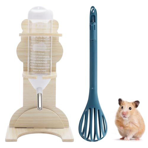 HENGBIRD Hamster Trinkflasche mit Holz Ständer und Hamsterclip, Trinkflasche Meerschweinchen, Nagertränke, 125 ml Trinkflasche Hamster, Hamster Ball Wasserflaschenhalter für Hamster, Igel, Zierratte von HENGBIRD