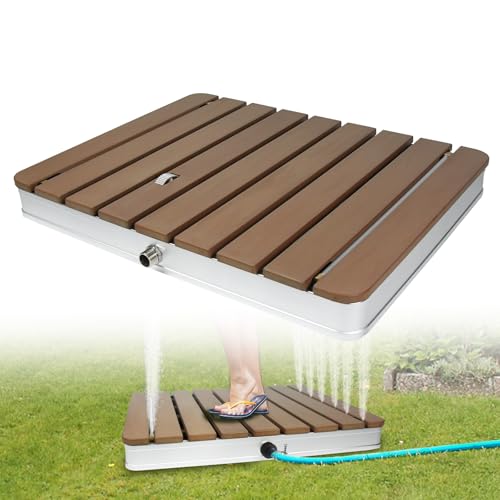 HENGMEI Gartendusche Bodendusche Outdoor WPC Campingdusche Außendusche Saunadusche rutschfest Wetterfest Aluminium Standfläche bis 4 m Fontänenhöhe Fußboden Dusche (Holzoptik - Rechteckig) von HENGMEI