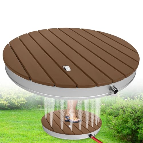 HENGMEI Gartendusche Bodendusche Outdoor WPC Campingdusche Außendusche Saunadusche rutschfest Wetterfest Aluminium Standfläche bis 4 m Fontänenhöhe Fußboden Dusche (Holzoptik - Rund) von HENGMEI