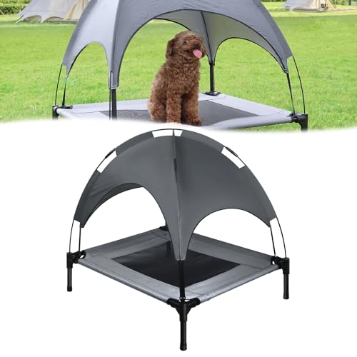 HENGMEI Hundebett mit Baldachin, Erhöhtes Hundehütte, Haustierbett mit Eisenrahmen, Katzenbett mit Sonnensegel Garten für Indoor & Outdoor, Grau 122x92x102cm von HENGMEI