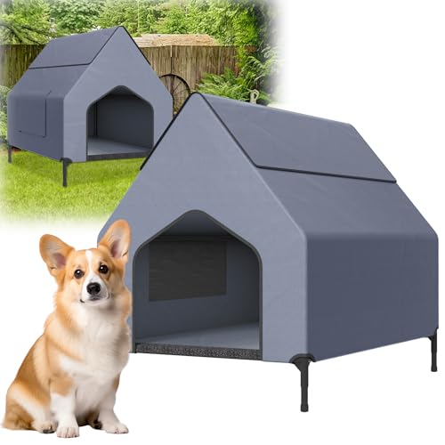 HENGMEI Hundebett mit Baldachin Hundeliege Hundehütte im Hausform, 109.5 x 74.5 x 93cm Haustierzelt Hundezelt Outdoor Erhöhtes Katzenhaus Hundehaus Oxford-Material Stahlrahmen Hundekäfig von HENGMEI