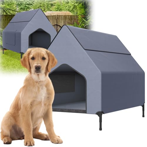 HENGMEI Hundebett mit Baldachin Hundeliege Hundehütte im Hausform, 130 x 84 x 104cm Haustierzelt Hundezelt Outdoor Erhöhtes Katzenhaus Hundehaus Oxford-Material Stahlrahmen Hundekäfig von HENGMEI