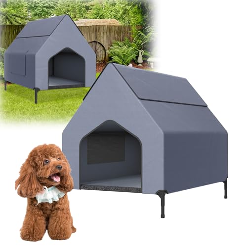 HENGMEI Hundebett mit Baldachin Hundeliege Hundehütte im Hausform, 91 x 65.5 x 86.5 cm Haustierzelt Hundezelt Outdoor Erhöhtes Katzenhaus Hundehaus Oxford-Material Stahlrahmen Hundekäfig von HENGMEI