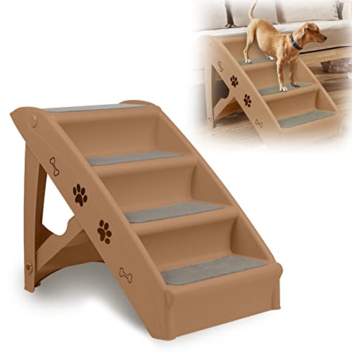 HENGMEI Klappbar Hundetreppe Hunderampe 49x38x61cm Haustiertreppe Treppen 4 Stufen mit Rutschfesten Matte und Stützstange für Kleine und Große Hunde Katze (Braun) von HENGMEI