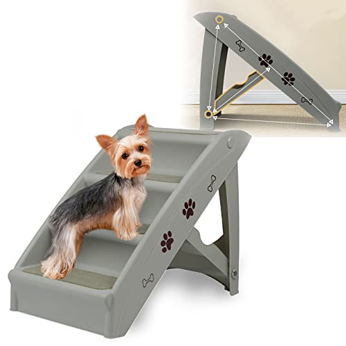 HENGMEI Klappbar Hundetreppe Hunderampe 49x38x61cm Haustiertreppe Treppen 4 Stufen mit Rutschfesten Matte und Stützstange für Kleine und Große Hunde Katze (Grau) von HENGMEI