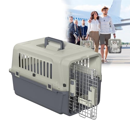 HENGMEI Transportbox Hundebox Hundetransportbox Kleine Hunde und Katzen Kaninchen Kunststoff Katzenkorb Tiertransportbox mit Tür Lüftungsschlitze Urinbarriere Schalen und Tragegriff, 49.5×33.5×36cm von HENGMEI