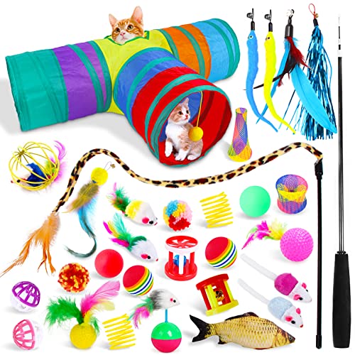 HEPAZ 30 Stück Katzenspielzeug,Katzen Spielzeug,3-Wege Pet Play Tunnel Tube für Kätzchen,Federspielzeug,Plüschspielzeug,Spielzeugmäuse Katzen Spielzeug Variety Pack für Kitty Katzen von HEPAZ