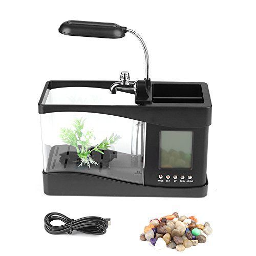 Fish Aquarium Tank Kit, Betta Aquarium mit Leichter LED-Uhr und Stifthalter für die Inneneinrichtung(Schwarz) von HERCHR