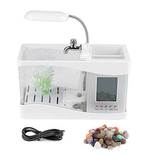 Fish Aquarium Tank Kit, Betta Aquarium mit Leichter LED-Uhr und Stifthalter für die Inneneinrichtung(Weiß) von HERCHR