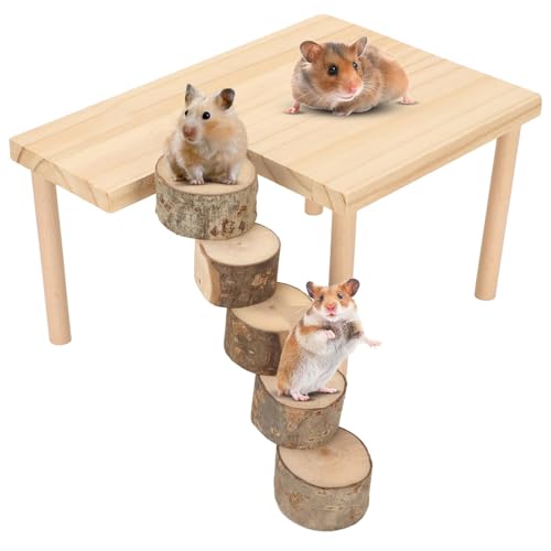 Hölzerne Hamster Kletterplattform Meerschweinchen Spielplatz Für Kleine Haustiere, Naturholz Springen Plattform mit Runder Leiter Für Hamster Chinchillas Papageien Häschen von HERCHR