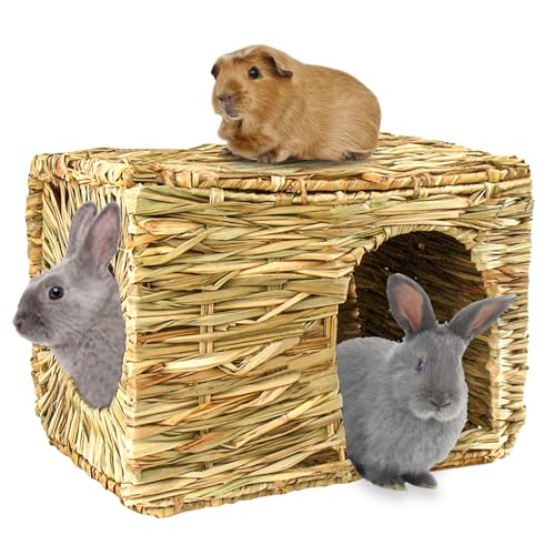 HERCOCCI Extra großes Grashaus für Kaninchen, faltbar und bequem – Kleintierhütte, Spielversteck, Bett, Heumatte, Kauspielzeug für Kaninchen, Meerschweinchen, Hamster, Chinchilla (1 Pack) von HERCOCCI