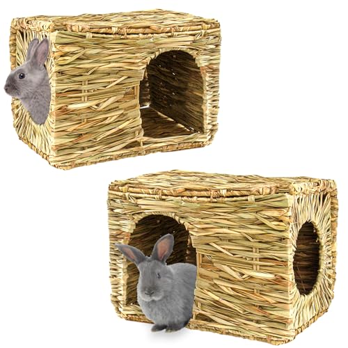 HERCOCCI Extra großes Grashaus für Kaninchen, faltbar und bequem – Kleintierhütte, Spielversteck Bett Heumatte Kauspielzeug für Kaninchen, Meerschweinchen, Hamster, Chinchilla (2 Stück) von HERCOCCI