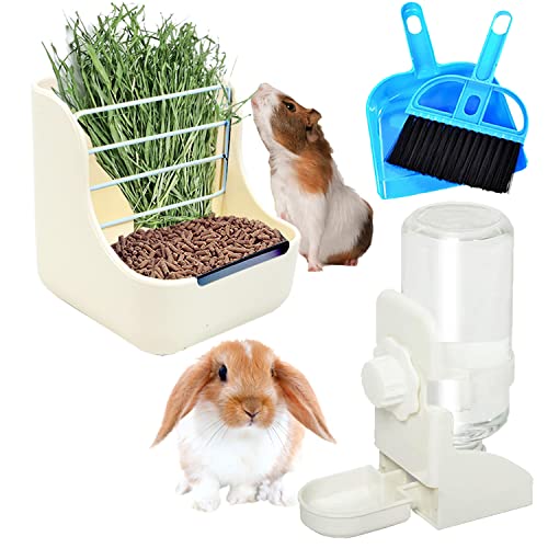 HERCOCCI Kaninchen-Heu-Futterspender und Hasen-Wasserflaschen-Set, Heu-Futterspender mit 500 ml hängendem Wasserspender zum Aufhängen, verhindert Umkippen für Kaninchen, Meerschweinchen, Chinchilla von HERCOCCI