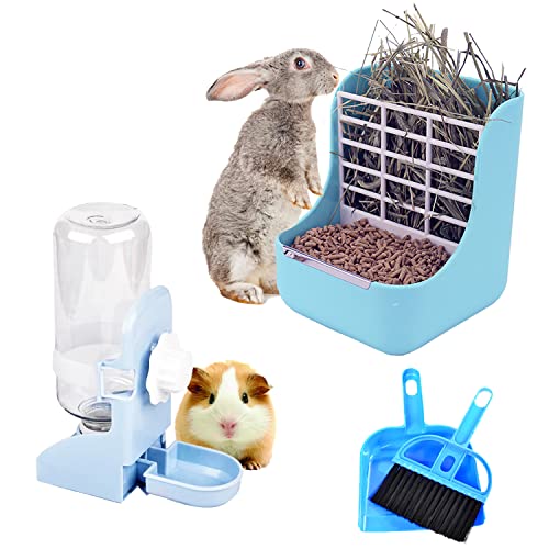 HERCOCCI PET-Futterspender und Wasserflaschen-Set, groß, blau (500 ml), robuster Heu-Futterbehälter, Futternapf, Schwerkraft-Wasserspender für Kaninchen, Meerschweinchen, Chinchilla von HERCOCCI