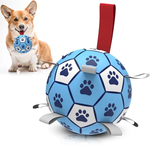 HETOO Hunde-Fußball mit Riemen, interaktives Hundespielzeug zum Tauziehen, Welpengeburtstagsgeschenke, Wasserspielzeug, langlebige Hundebälle für kleine und mittelgroße Rassen, zum Spielen im Freien, von HETOO