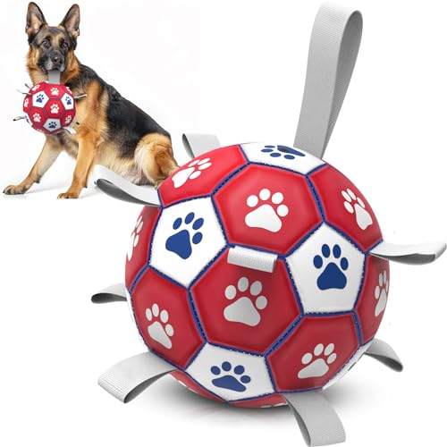 HETOO Hundeball Hundespielzeug Ball mit Griff für Hund Interaktives Schleppen von Krieg Wasser Hundebälle Spielzeug Geburtstagsgeschenk für Mittel/Große Hunde (8 Zoll Rot Weiß) von HETOO