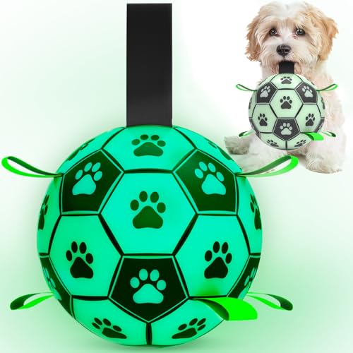 HETOO Hundespielzeug, leuchtet im Dunkeln, interaktive leuchtende Hundebälle, Outdoor-Hunde-Fußball mit Riemen, Hundespielzeug für kleine und mittelgroße Hunde, Welpengeburtstagsgeschenke (15,2 cm) von HETOO