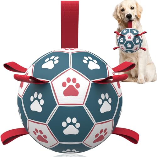 HETOO Hundespielzeug, extra groß, Fußball mit Riemen, interaktives Hundespielzeug zum Tauziehen, langlebige Hundebälle für große Hunde, Blau und Rot (22,9 cm) von HETOO