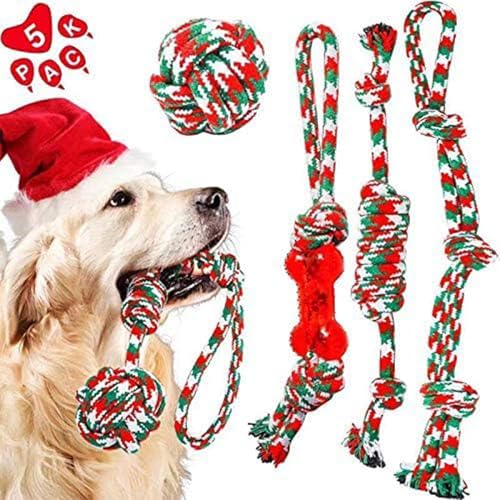 HETOO Weihnachts-Hundespielzeug, unzerstörbares Kauspielzeug-Set, robust für Welpen, kleine, mittelgroße und aggressive Kauer, Hundetraining, Zahnen, Reinigung, 5 Stück von HETOO