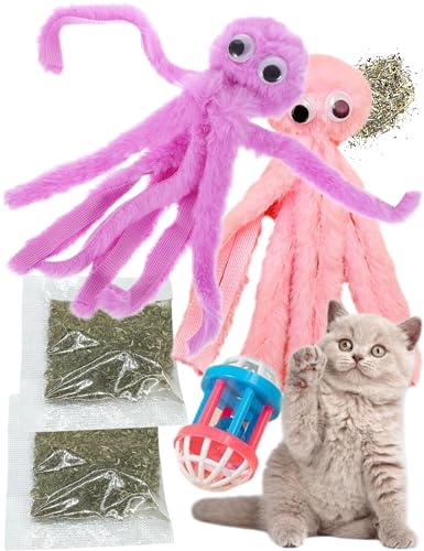 HEUHAI Octopus Katzenminze Spielzeug 3er-Pack + Großer Katzenball & 2 Katzenminze Packs - Indoor Kätzchen Spielzeug zum Kauen, Reinigen der Zähne & Verringerung von Langeweile von HEUHAI