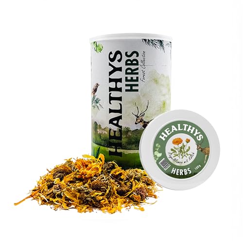 HEULAND® Healthys - Ringelblume mit Kelch 100g - hochwertiges Ergänzungsfutter für Kaninchen, Meerschweinchen, Hamster, Nager - artgerechtes Futter mit vielen Vitaminen & Nährstoffen. (Dose) von HEULAND