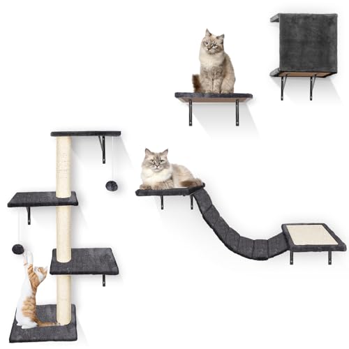 HEVOL 4-in-1 Kletterwand für Katzen – Stabiles Katzenwandmöbel Set mit Katzenhaus, Katzenbrücke, Katzenbaum und Katzentreppe – Graue Indoor Wand Kratzbaum für Katzenspiel und Entspannung von HEVOL