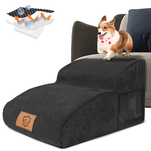 HEVOL 2-Stufen Hundetreppe für Kleine Hunde – Erweiterte Hunderampe mit Abnehmbarem, Waschbarem Bezug – rutschfeste Haustiertreppe für Bett, Sofa & Katzentreppe von HEVOL