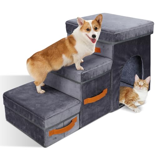 HEVOL Haustiertreppe 3 Stufen, Faltbare Hundetreppe mit Aufbewahrungsbox und Katzenloch, Hunderampe mit Waschbarem, Hunde Treppe Katzentreppe für Bett und Sofa von HEVOL