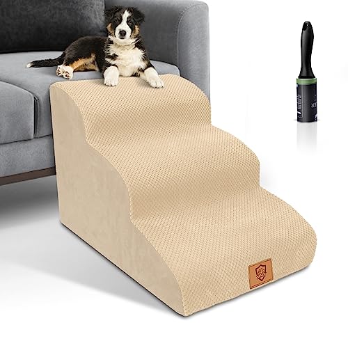 HEVOL Haustiertreppe 3 Stufen,40cm Hoch Schwamm Hundetreppe mit Waschbare Stoffbezug für Kleine Hunde,Tragbar Abnehmbare Hunderampe für Sofa Bett,Senden 1 Fusselrolle von HEVOL