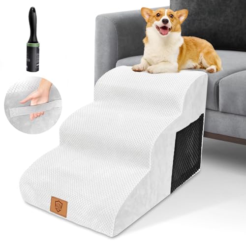 HEVOL Hundetreppe,3 StufenTragbar Haustiertreppe aus Hochdichtem Schaumstoff für Hunde und Katzen, Waschbarer Hunderampe Katzentreppe mit Plüschbezug für Bett,Sofa-Weiß von HEVOL