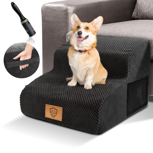 HEVOL Hundetreppe 2 Stufen, 40cm Katzentreppe mit Waschbar Bezug, Hundetreppe für Kleine Hunde, Haustiertreppe für Hunde und Katzen, Katzentreppe für Alte Katzen, Schwarze von HEVOL