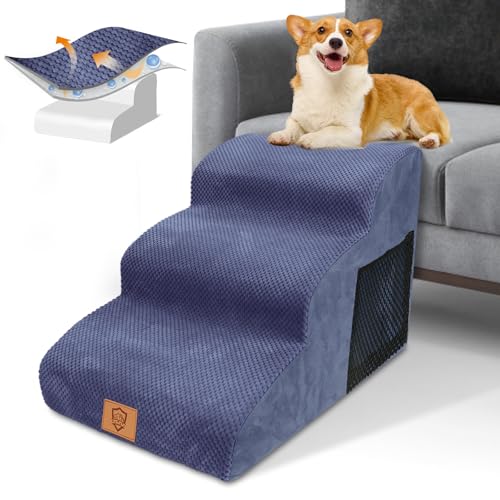 Hundetreppe, Haustiertreppe, HEVOL Hundetreppe für Kleine Hunde, 3 Stufen Hunderampe 40cm Hoch, rutschfeste Katzentreppe mit Waschbarer Bezug, Hochdichte Schaumstoff Haustierrampe von HEVOL