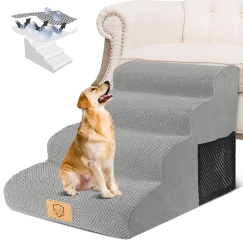 HEVOL Hundetreppe 4 Stufen, 50cm hoch Schwamm Haustiertreppe für Hunde und Katzen, rutschfest Haustierleiter Katzentreppe mit Waschbar Bezug für Sofa Bett, Gris von HEVOL