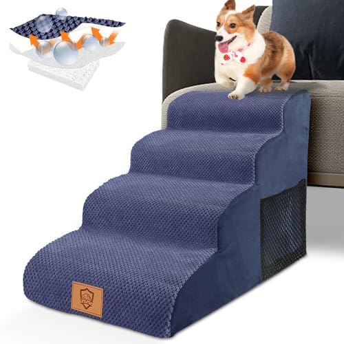 HEVOL Hundetreppe 4 Stufen, rutschfeste Haustiertreppe für kleine Hunde mit Abnehmbarem & Wasserdichtem Bezug, Hochdichter Schaumstoff, Treppe für Sofa - Blau von HEVOL