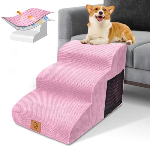 HEVOL Hundetreppe für Kleine Hunde, Haustiertreppe 3 Stufen, rutschfeste Hunderampe für Bett, Schwamm Hundetreppe 40cm Hoch, Tragbar Haustierrampe mit Waschbar Bezug von HEVOL