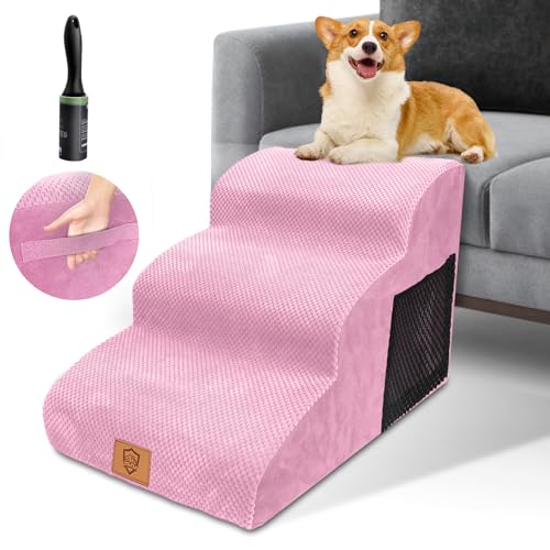 HEVOL Hundetreppe für Kleine Hunde, 3 Stufen Haustiertreppe mit Waschbar Bezug, Hundetreppe 40cm Hoch, Abnehmbare Katzentreppe für Sofa Bett, Senden 1 Fusselrollen von HEVOL