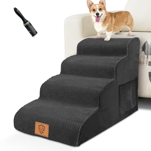 HEVOL Hundetreppe für Kleine Hunde, 4 Stufen Haustiertreppe mit Abnehmbarem, Hochdichtem Schwamm Hunderampe mit Waschbarem, Hunde Treppe für Bett und Sofa Schwamm(Schwarz) von HEVOL