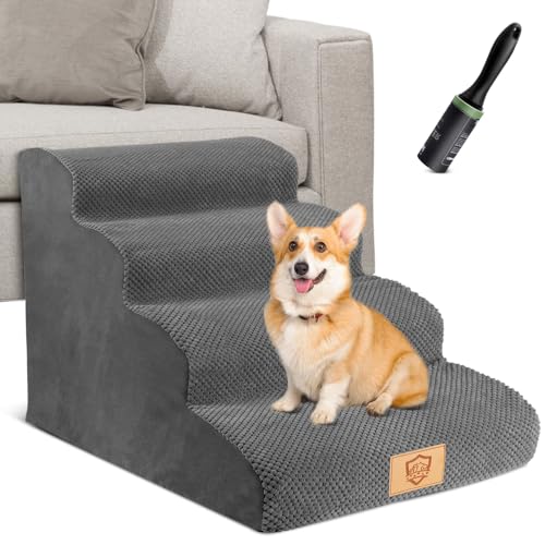 HEVOL Hundetreppe für Kleine Hunde,4 Stufen Haustiertreppe aus Schaumstofff mit Wasserdichter Bezug,Abnehmba Hunderampe Katzentrepp für Sofa Bett,Send 1 Fusselrollen… von HEVOL