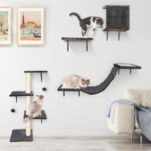 HEVOL Kletterwand für Katzen, 10-Teiliges Katzen Kletterwand Set, Stabiler Katzenmöbel mit Große Hängebrücke, Katzenhängematte, Kratzsäulen und katzenhöhle für Katzen Schlafen Spielen Lounging von HEVOL