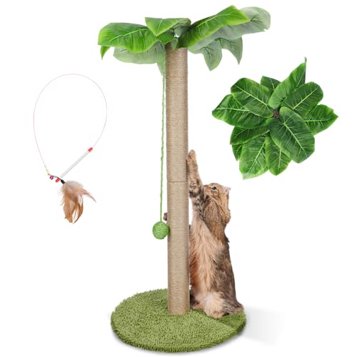 HEVOL Kratzbaum für Katzen,Natürlich Sisalseil Kratzstamm mit Simuliertem Blättern,85cm Höhe Kratzstamm mit 1 Interaktiven Hängenden Bällen -Senden KatzenfedernStick von HEVOL