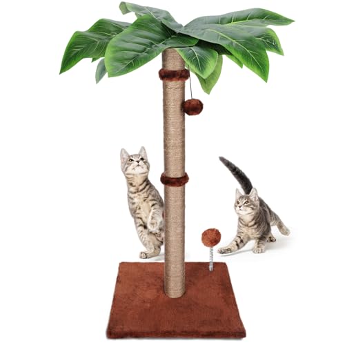 HEVOL Katzen Kratzbaum, 85cm Kratzsäule mit Interaktiven Bälle und Hängenden Bälle, Kratzstamm für Katzen aus Natürlichem Sisal, Quadratische Weicher Boden Katzenbaum für Klein und Große Katzen, Braun von HEVOL