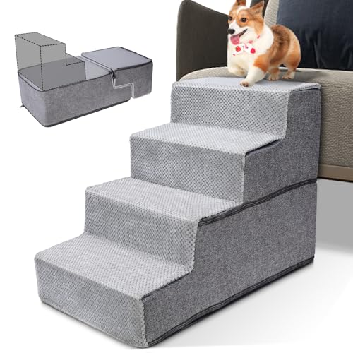 HEVOL Hundetreppe 4 Stufen für Hunde,Große Haustiertreppe aus 30D Hochdic Schwamm,rutschfeste Hunderampe Katzentreppe mit Abnehmbarer Bezug für Bett,Sofa(38 * 45 * 60 cm)-Grau von HEVOL