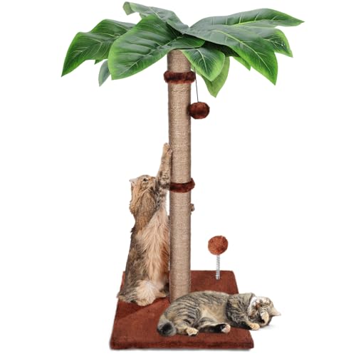 HEVOL Kratzstamm für Katzen,85cm Hoch Kratzstamm mit 2 Interaktiven Bällen und Frühling Ball Spielzeug, Natürlichem Sisalseil Kratzsäule mit Künstliche Blätter-Braun von HEVOL