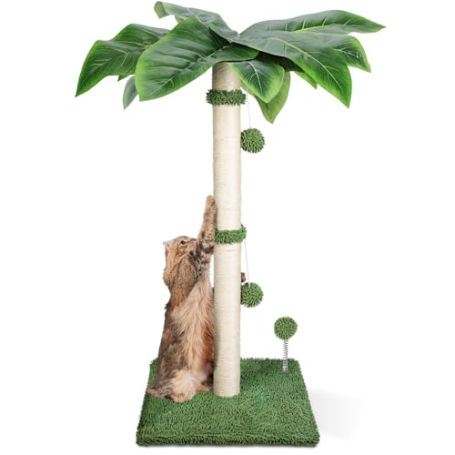 HEVOL Kratzbaum,Natürlichem Sisalseil Kratzstamm für Katzen im Haus,85cm Höhe Groß Kratzsäule mit 2 Interaktiven Hängenden Bällen und Springball-Grün von HEVOL