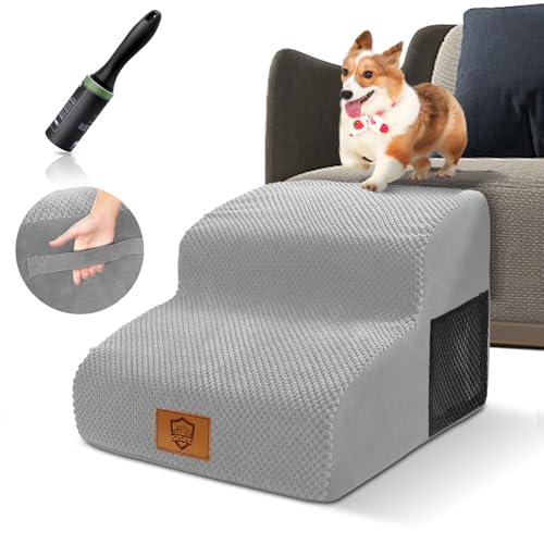 HEVOL Hundetreppe für Kleine Hunde, 2 Stufen Haustiertreppe mit Waschbarer Bezug, Treppe für Hunde, Tragbare Wasserdicht Katzentreppe für Bett und Sofa aus Hochdichtem Schwamm, Senden 1 Fusselrollen von HEVOL