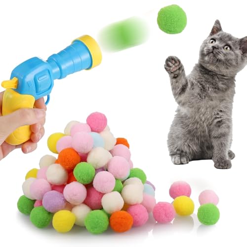 1 Katzenspielzeug-Pistole,Cat Toys, mit 50 bunten Pompons,Cat Toys, für stundenlangen Spielspaß,Cat Toys.Katzenspielzeug, interaktives Katzenspielzeug, Katzenball, Pompons für Katzen, Spielzeug für Ka von HEWJYDE